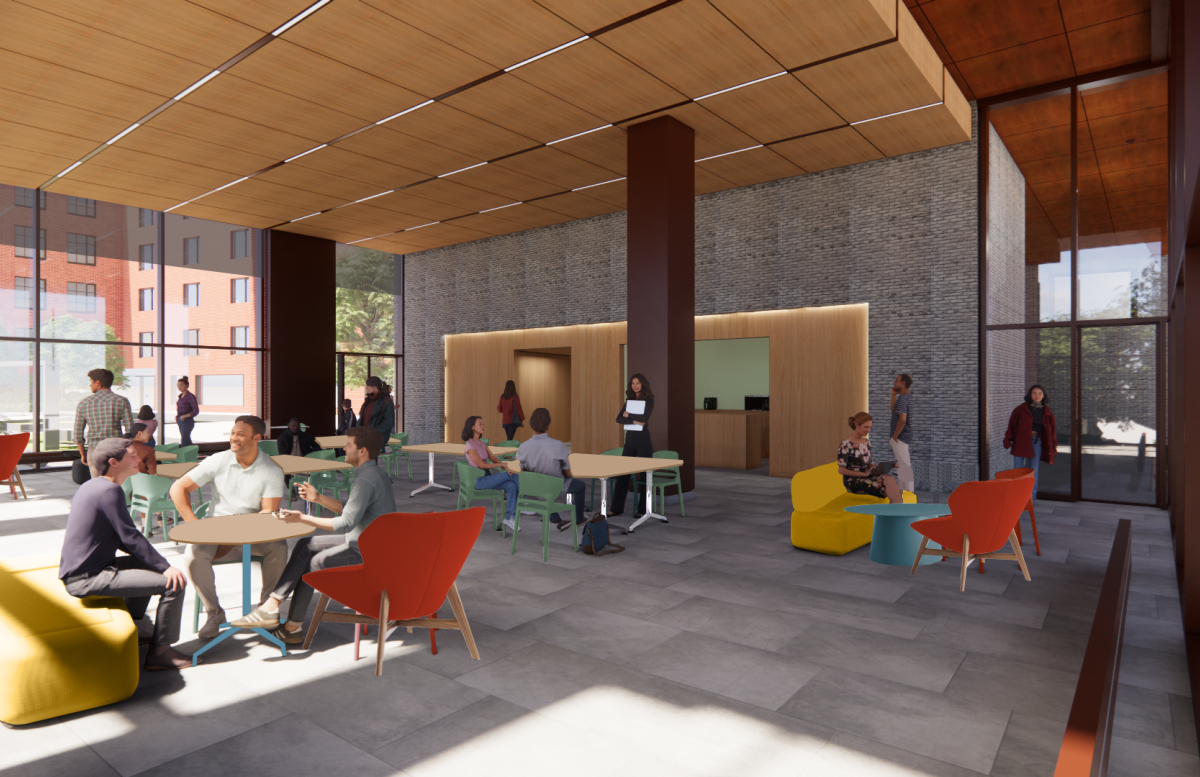 A rendering of one of the common rooms with colorful chairs and tables for lounging with friends and relaxing