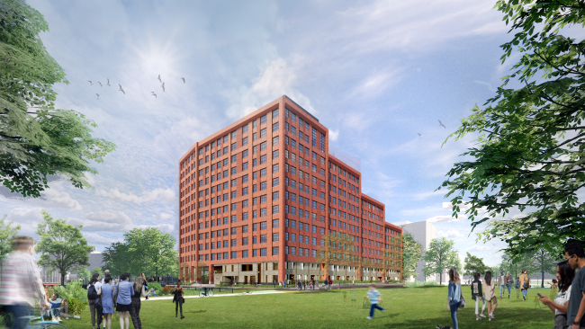 architectural rendering of 100 South Campus Drive, a brick-colored building in the distance with people hanging out on the field nearby