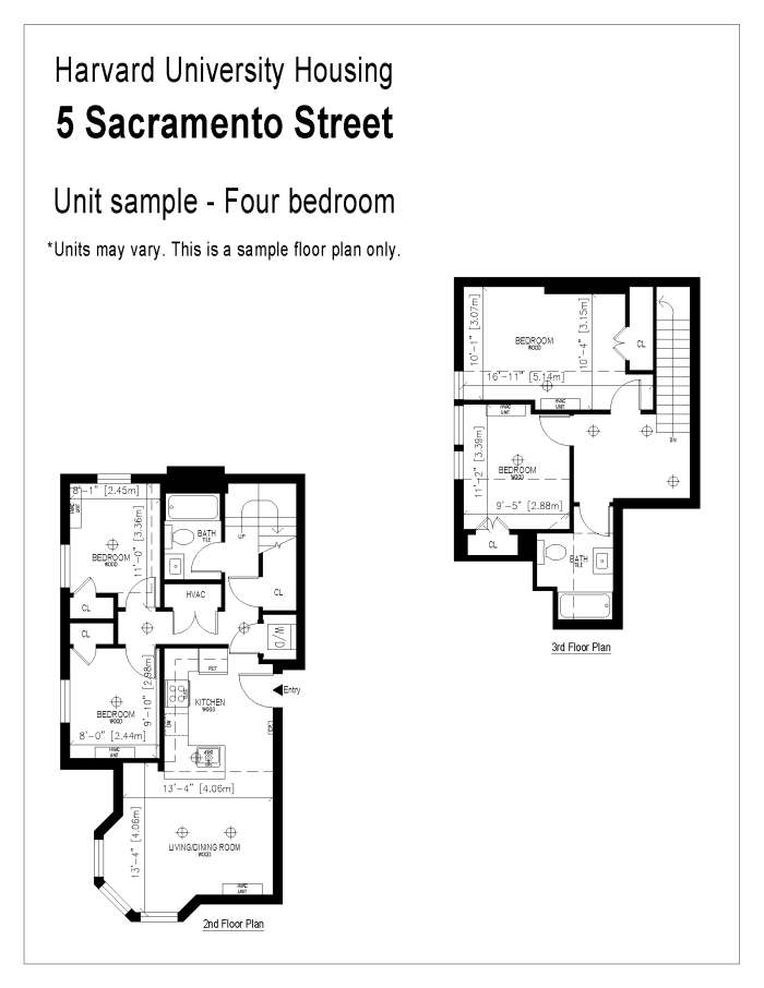 Harvard University Housing 5 Sacramento Street - Sample Four Bedroom floorplan. This is a sample only and may not be your exact unit. Exact units are visible in the applicant portal when selecting a unit. The floorplan has two levels, wood flooring, and windows in each bedroom. The floorplan is open concept, with an open kitchen leading into the living/dining room area. There are two bedrooms and one bathroom on the first level, and 2 bedrooms and 1 bathroom on the second level. Each bedroom has a closet.