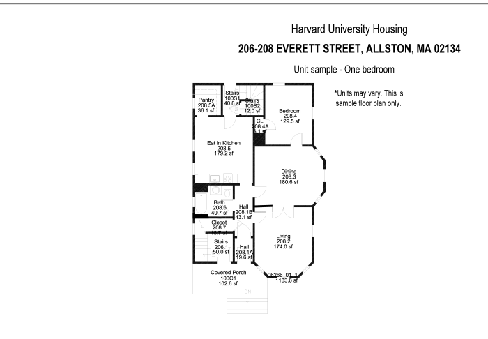 1 bedroom sample unit at 206-208 everett street. Floorplan features separated dining/living rooms, bedroom, bathroom, and kitchen. Each room has at least 1 window. 