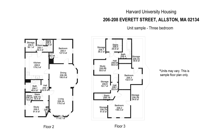 3 bedroom sample unit at 206-208 everett street. Floorplan features separated dining/living rooms, bedroom, bathroom, and kitchen. Each room has at least 1 window. This specific sample floorplan displays a split-level unit. 