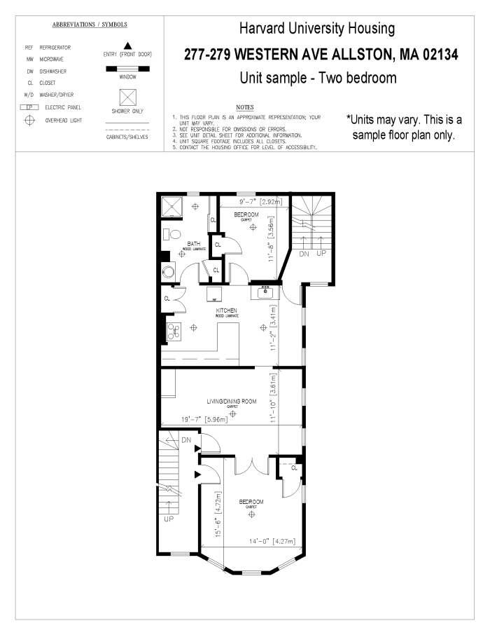 2 bedroom floorplan sample for 277-279 Western Avenue with designated spaces for living/dining room, kitchen, bedrooms, and bathroom. Each space has at least 1 window. Flooring type varies from carpet to wood laminate.