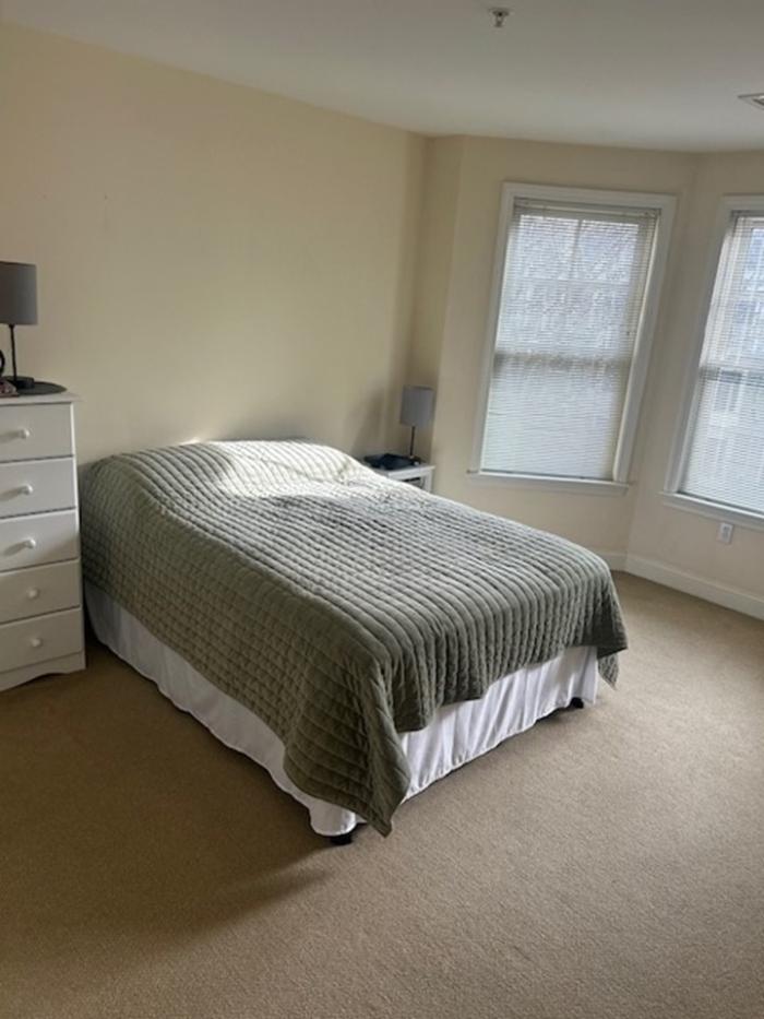 Bedroom with carpeted flooring and bay windows.