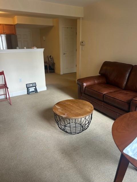 living and dining area, rear view facing the kitchen. carpeted flooring.