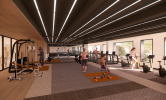 A rendering of the fitness center with a variety of machines and ample space to exercise