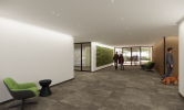 A rendering of the south view of the lobby area with sleek finishes and carpeting