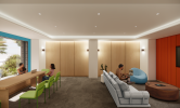 A rendering of the social lounge with sleek lighting, couches, and tables for co-working