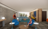 A rendering of the study lounge with private tables and open space to study