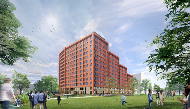 architectural rendering of 100 South Campus Drive, a brick-colored building in the distance with people hanging out on the field nearby